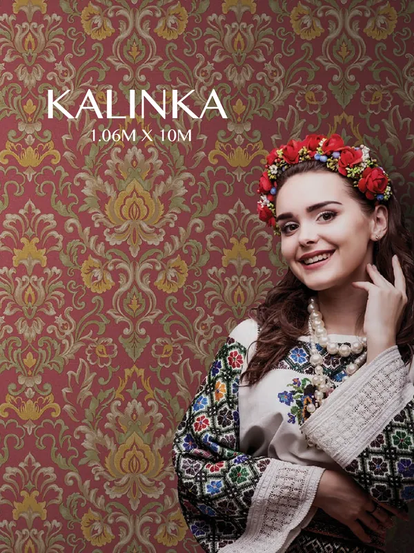 Kalinka duvar kağıdı koleksiyonu kapağı - bordo zeminli altın yeşil damask desenli duvar kağıdı | Şahinler Dekor Kocaeli