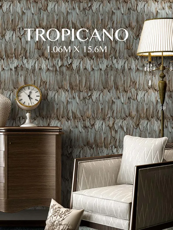 Tropicano duvar kağıdı koleksiyonu kapağı - tüy motifli doku etkili salon duvar kağıdı | Şahinler Dekor Kocaeli